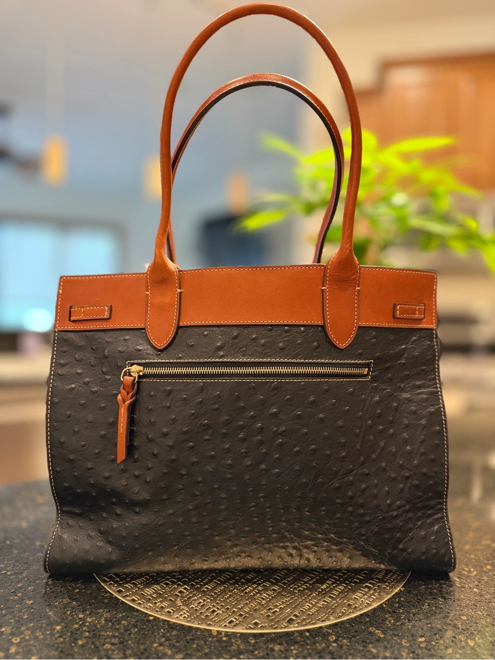 Dooney & Bourke Black and Brown Two-Tone Ostrich-Texture Tote